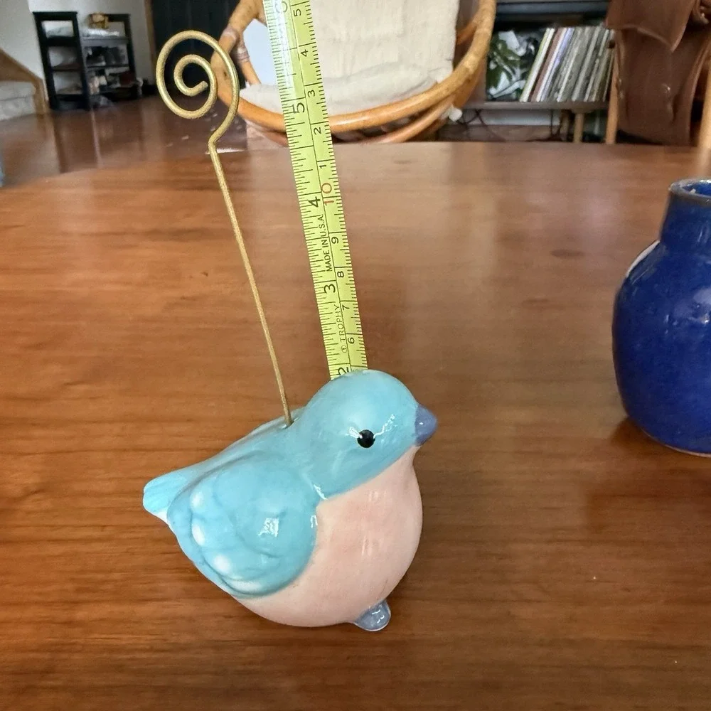 Ceramic Bluebird Figurine Photo Memo Place Card Holder Gold Wire Clip Blue Pink